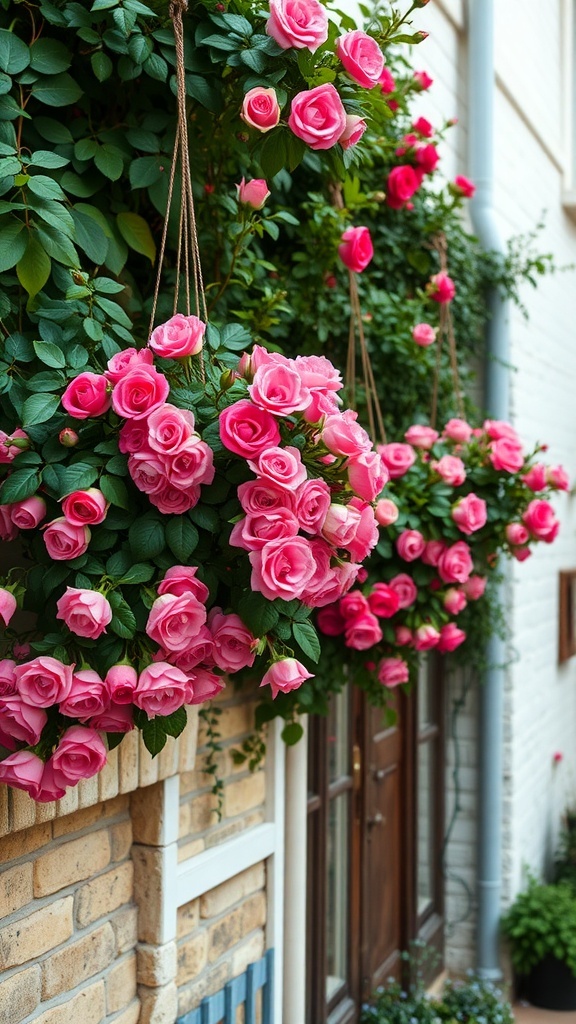 Hanging baskets filled with pink roses against a brick wall