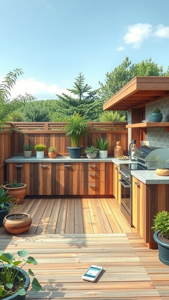A sustainable outdoor kitchen on a deck featuring wooden cabinetry, stone countertops, and potted plants.