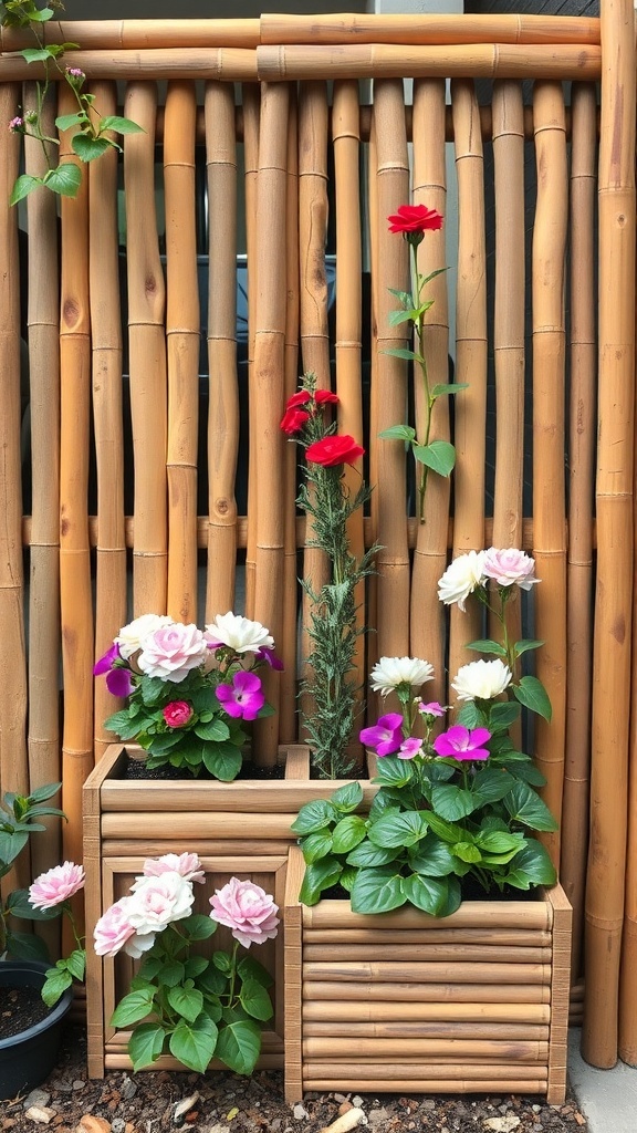 Bamboo fence with integrated planters filled with colorful flowers.