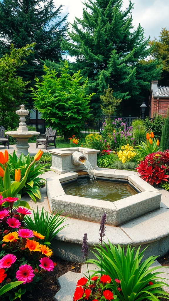 A beautiful white stone octagonal fountain surrounded by colorful flowers and greenery.