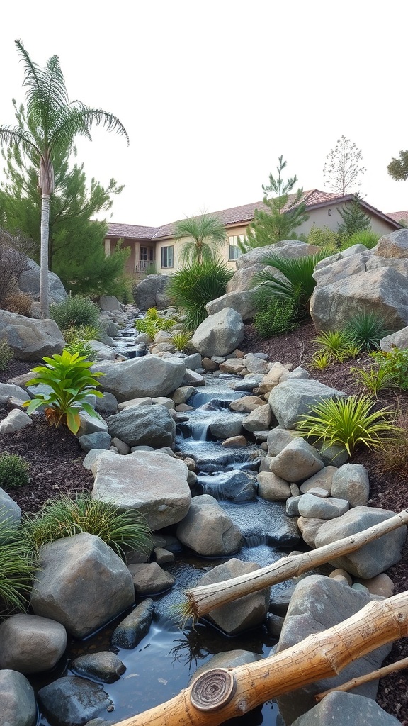 A rocky stream bed garden with smooth stones, flowing water, and lush greenery.