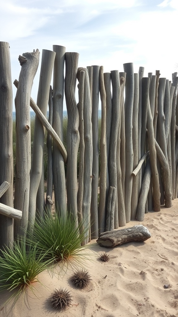 A rustic garden fence made of weathered driftwood, surrounded by sandy soil and small plants.