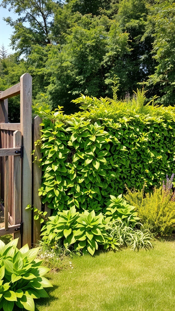A lush green hedge alongside a wooden fence, providing natural privacy in a garden.