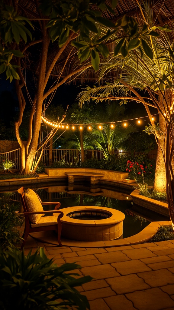 A cozy seating area by a garden pond at night, illuminated with string lights.