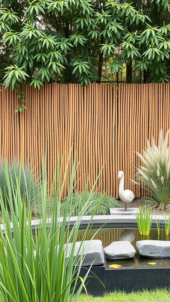 A tall bamboo fence providing privacy in a garden setting with greenery and a decorative swan.