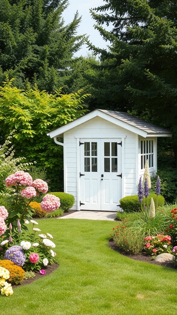 A classic white garden shed surrounded by colorful flowers and greenery.
