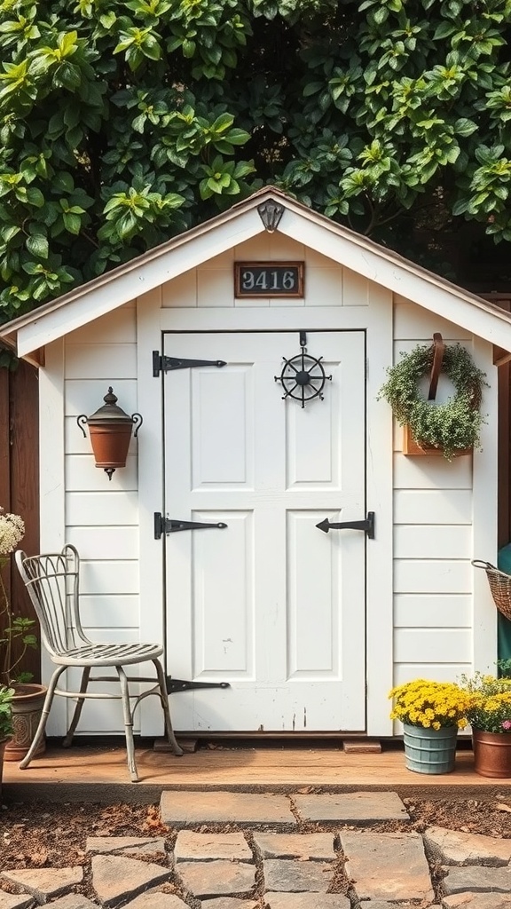 A charming white garden shed with vintage charm, featuring antique hardware and surrounded by flowers and greenery.
