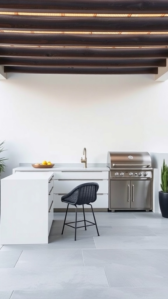 Minimalist outdoor kitchen with a grill, sink, and modern chair