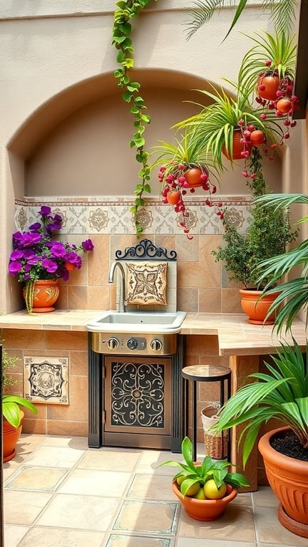 Mediterranean style outdoor kitchen featuring a sink, vibrant plants, and intricate tile work.