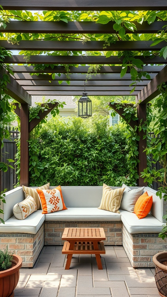 A cozy pergola with an integrated seating area featuring colorful cushions and a small wooden table, surrounded by lush greenery.