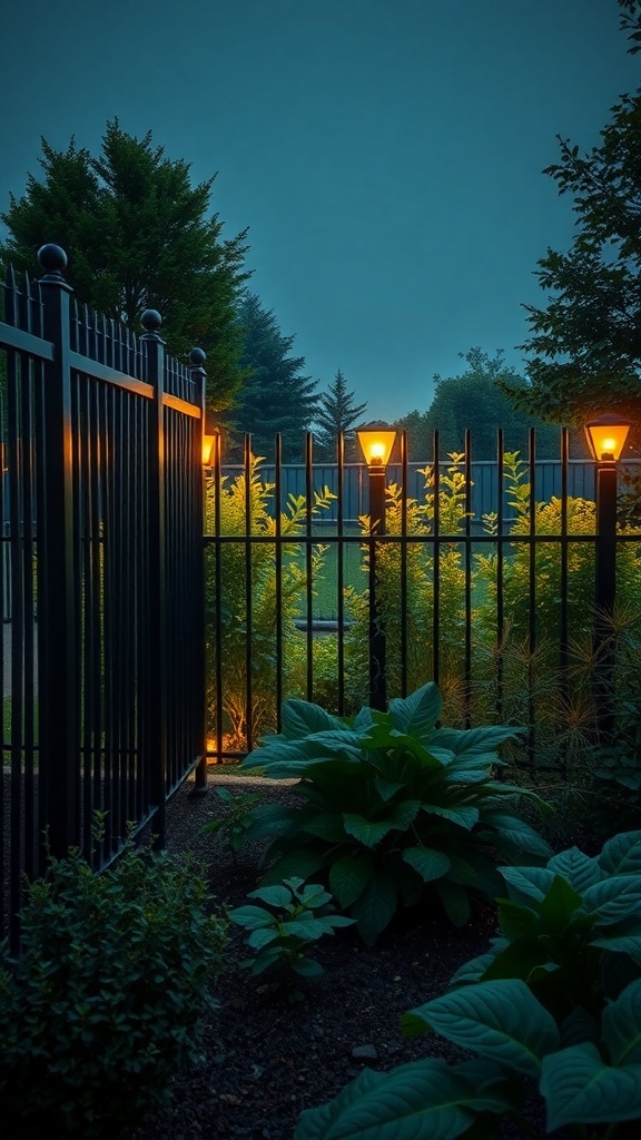 A black fence surrounding a garden with warm lights illuminating the area.