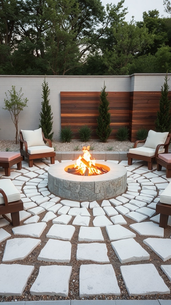 Modern white stone fire pit area with seating and greenery