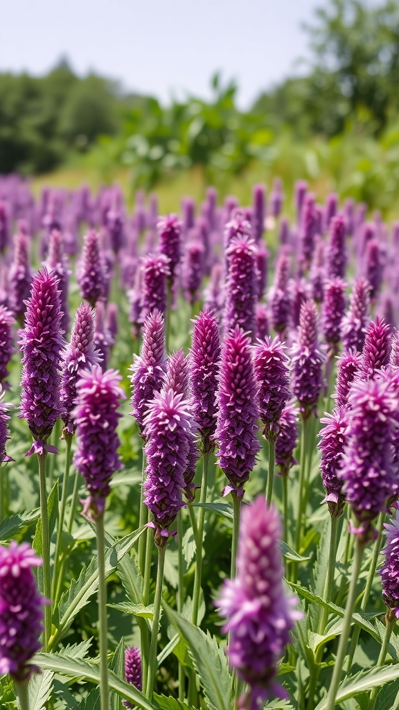 A field of purple flowering amaranth with tall, vibrant purple spikes against a blurred green background.