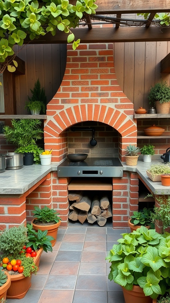 A traditional brick oven in an outdoor kitchen, featuring a cozy fireplace design, surrounded by plants and a countertop.