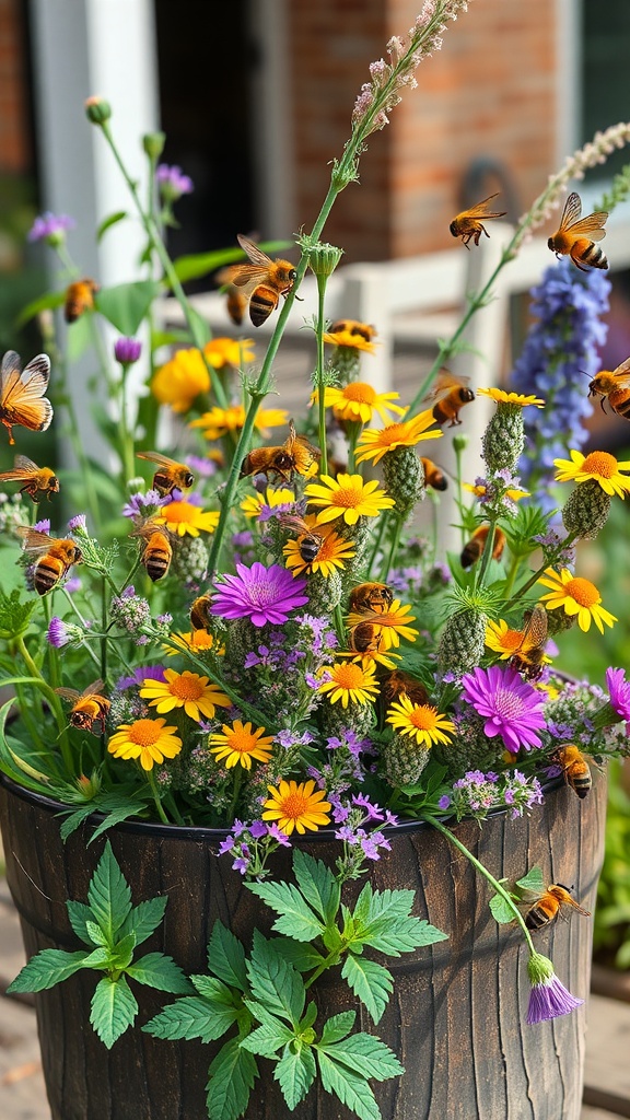 A colorful container garden filled with flowers and herbs, buzzing with bees.