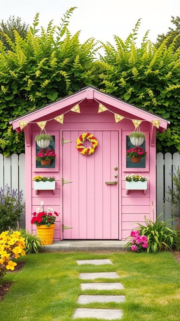 A bright pink garden shed surrounded by greenery and colorful flowers.