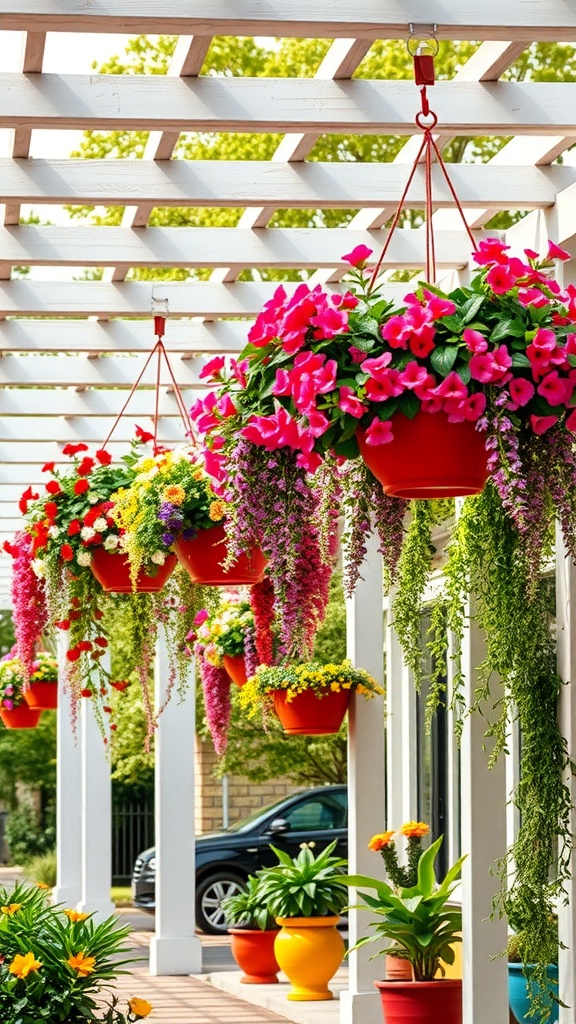 Colorful pergola with hanging planters filled with vibrant flowers