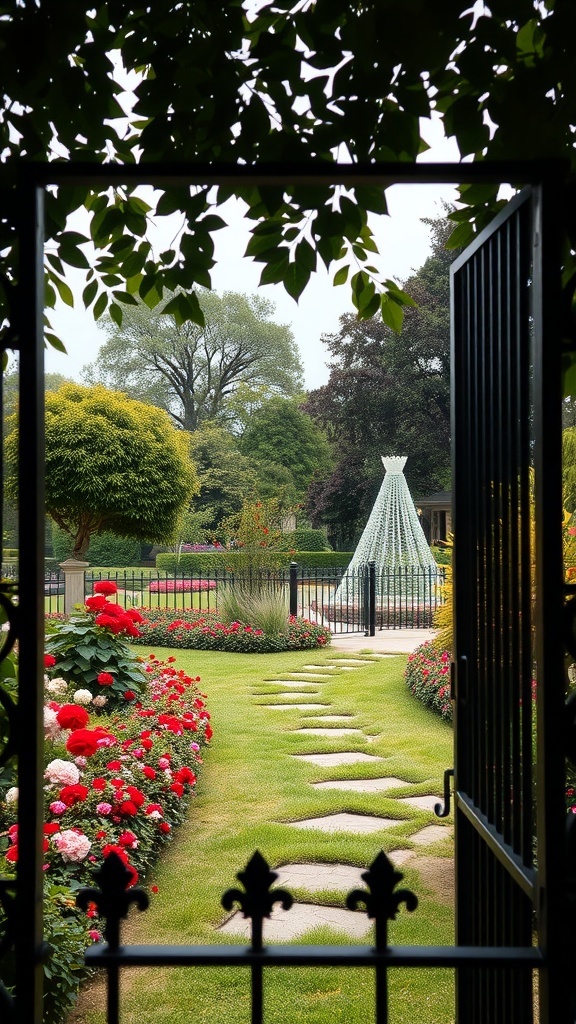 A view of a garden framed by a black fence, featuring colorful flowers and a fountain.