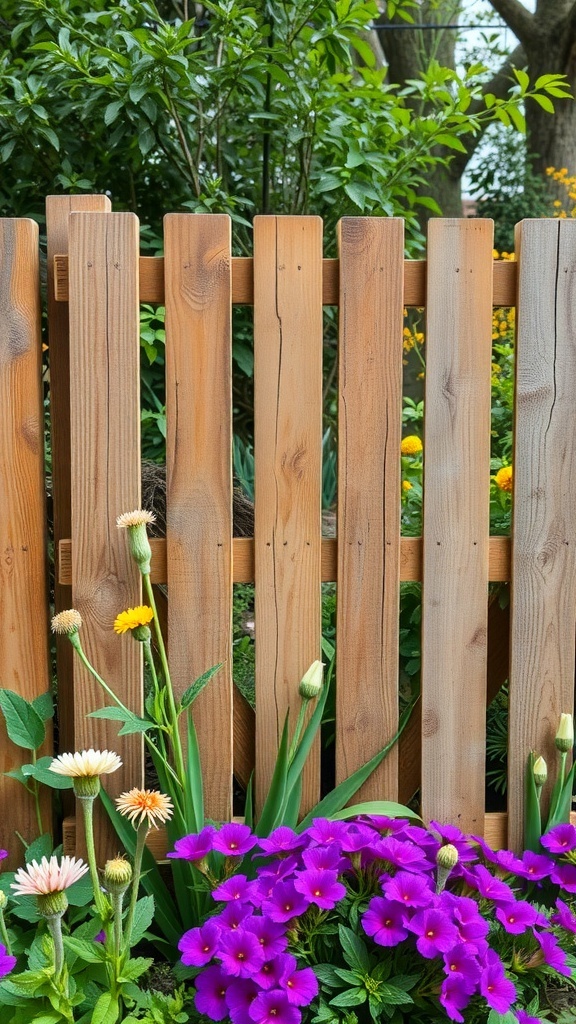 A rustic wooden fence made from reclaimed pallets, surrounded by colorful flowers in a garden.