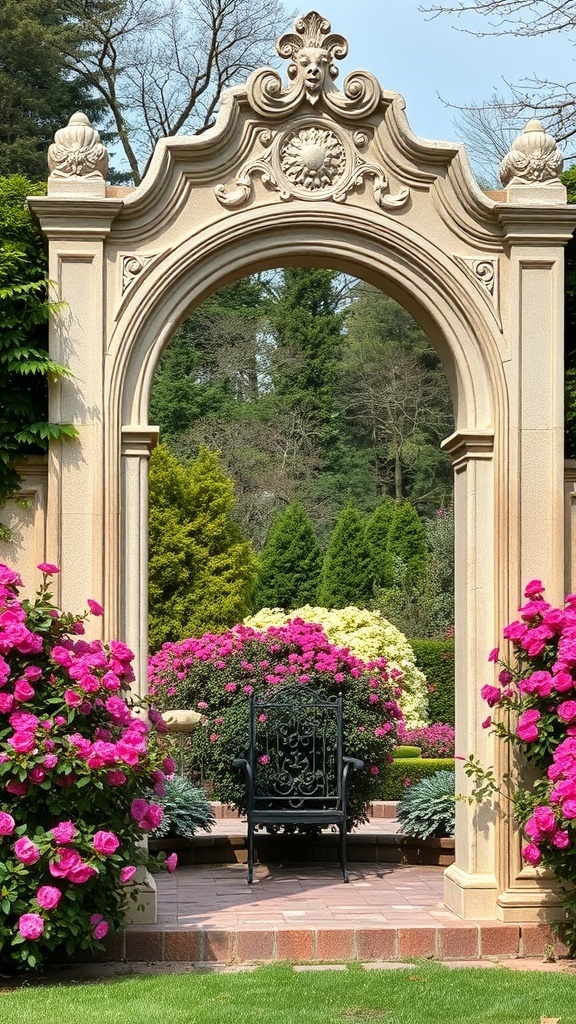A decorative stone arch surrounded by vibrant pink flowers and a black chair in a garden.