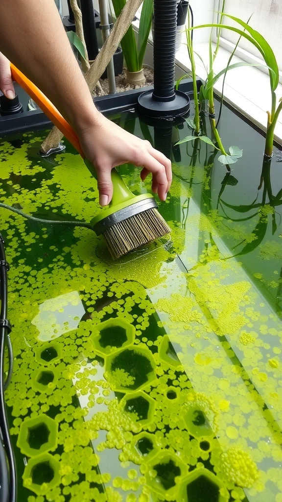A hand using a tool to manage algae in an indoor water garden.