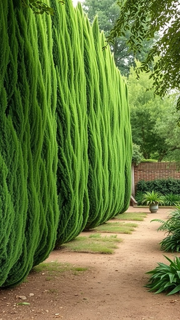 A row of tall, green cypress trees forming a natural garden fence.