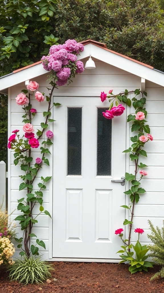 A white garden shed with climbing vines and colorful flowers on a trellis.