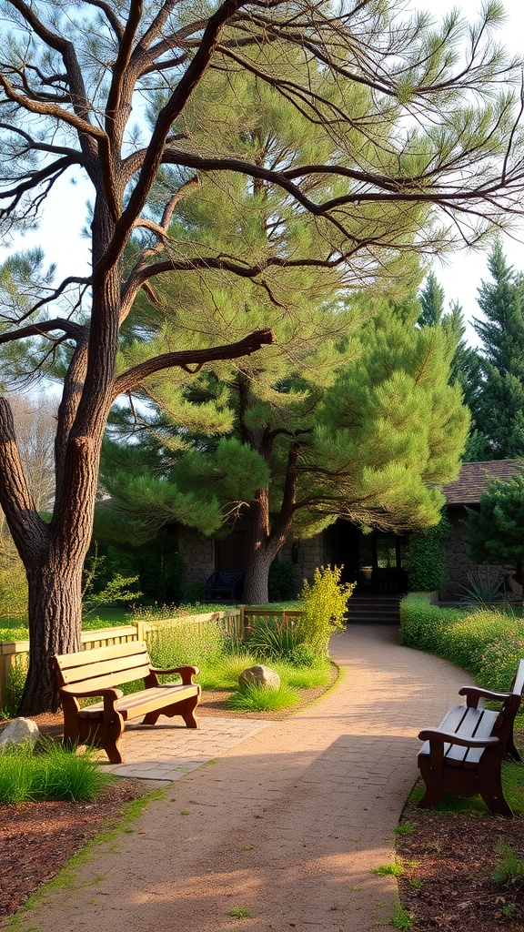 A serene garden path surrounded by tall trees and benches, creating a rustic woodland retreat.