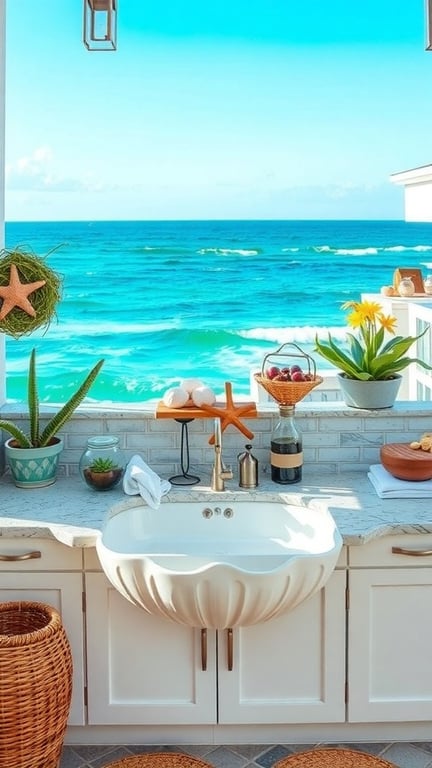 A coastal-inspired outdoor kitchen featuring a seashell sink, ocean view, and natural decor.