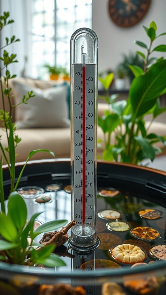 A thermometer in an indoor water garden, surrounded by plants and decorative elements.