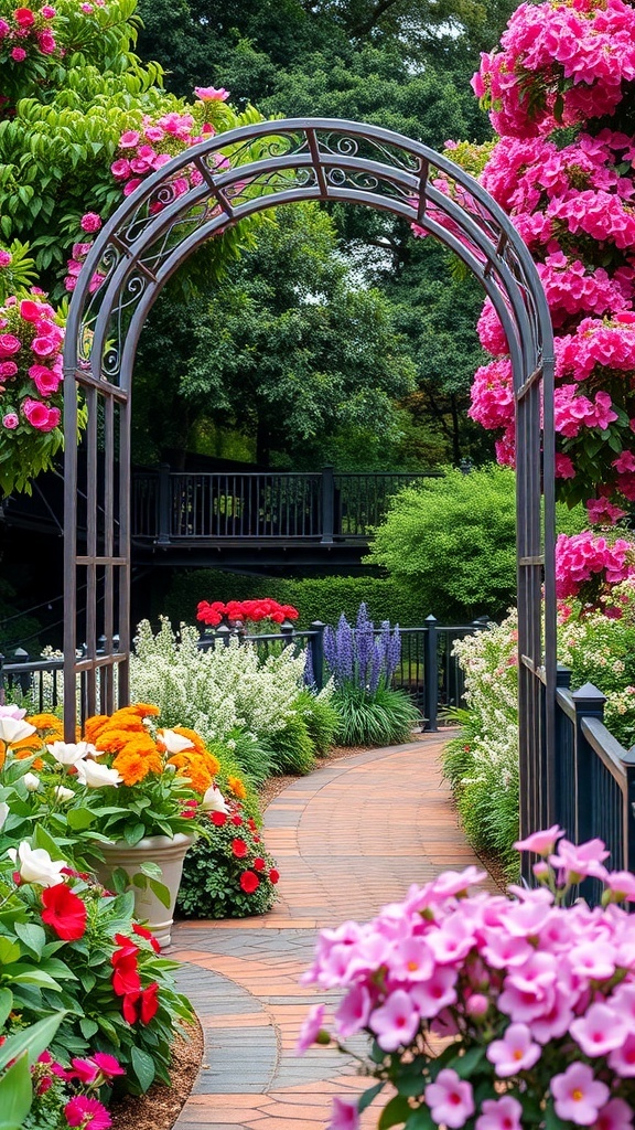 A beautiful metal arch trellis surrounded by colorful flowers in a garden.