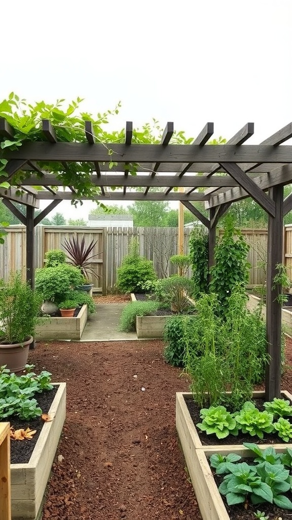 A garden with a wooden pergola surrounded by raised garden beds filled with various plants.