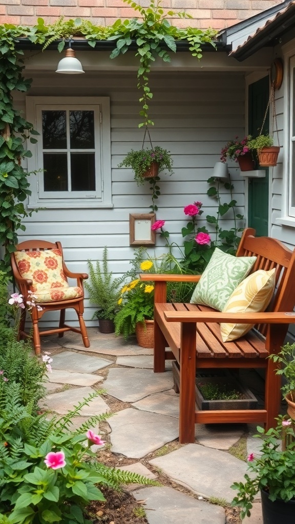 Cozy seating area in a cottage front garden with a wooden bench and rocking chair surrounded by flowers and greenery.