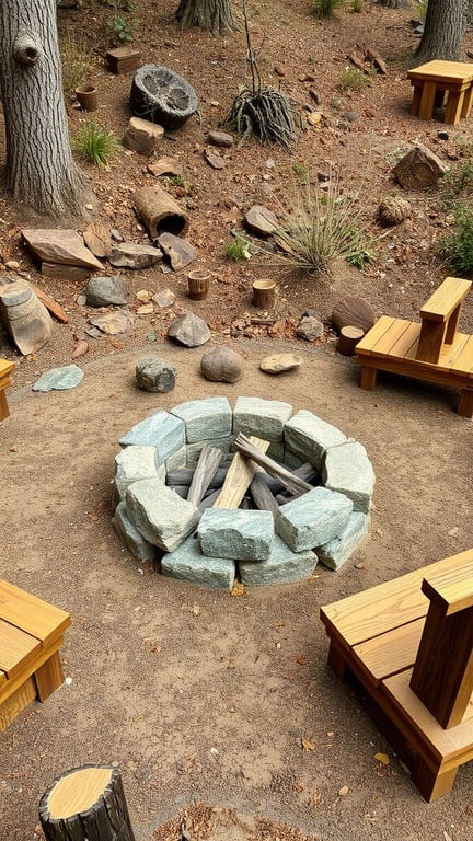 A rustic stone fire pit surrounded by wooden benches in a natural setting.