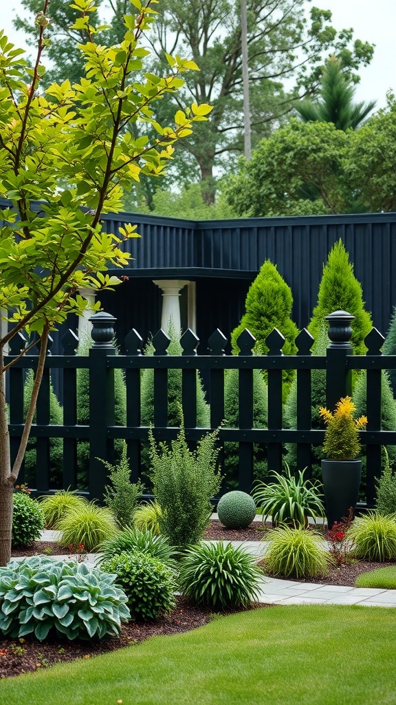 A garden with a black fence, featuring lush green plants and colorful accents.