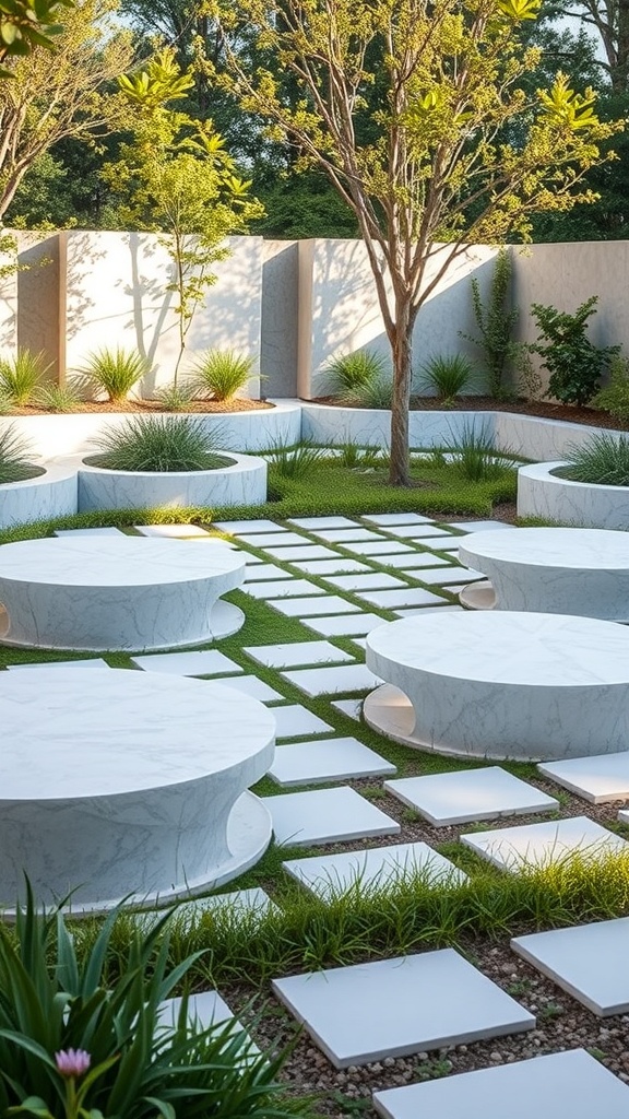 A modern garden with circular white stone seating areas surrounded by greenery and stone pathways.