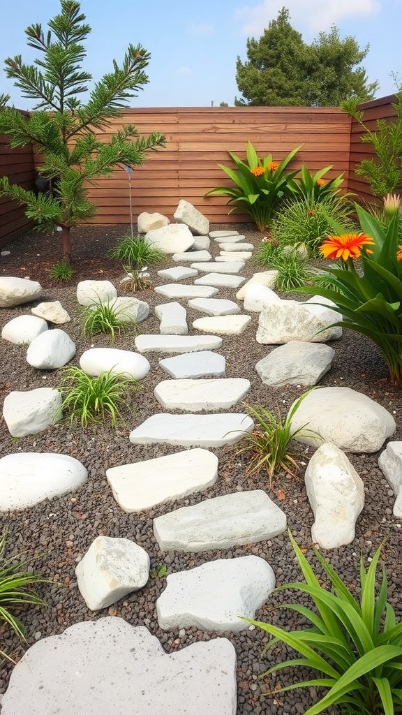 A garden path made of white stones surrounded by green plants and wooden fencing.