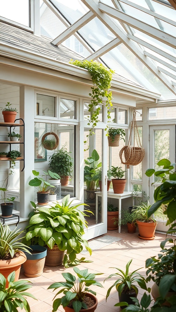A bright sunroom greenhouse with various potted plants and large glass panels.