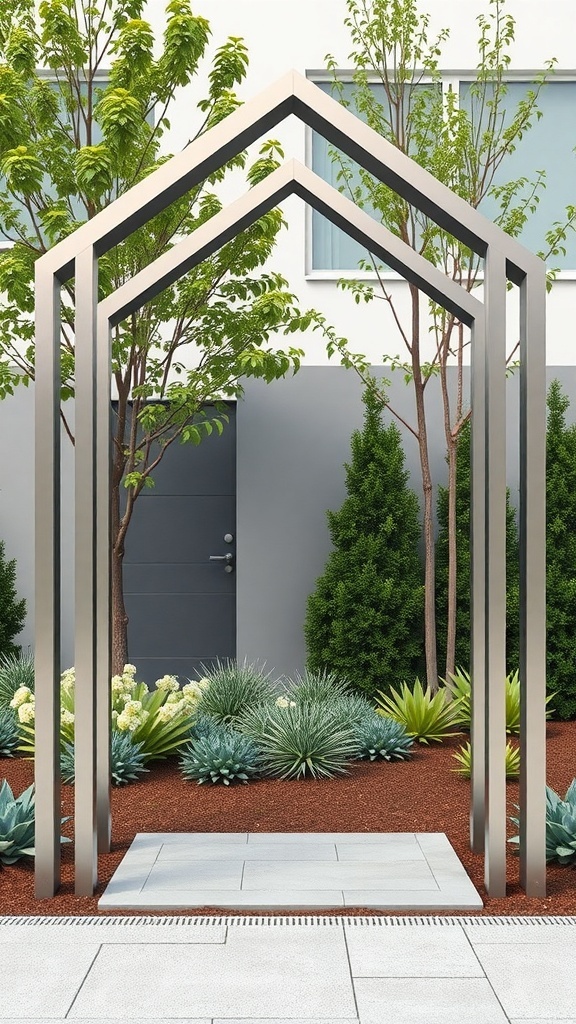A modern geometric arch trellis in a garden with lush plants and a minimalist design.