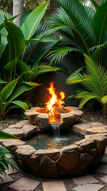 A stone fire pit with a water feature, surrounded by lush green plants.