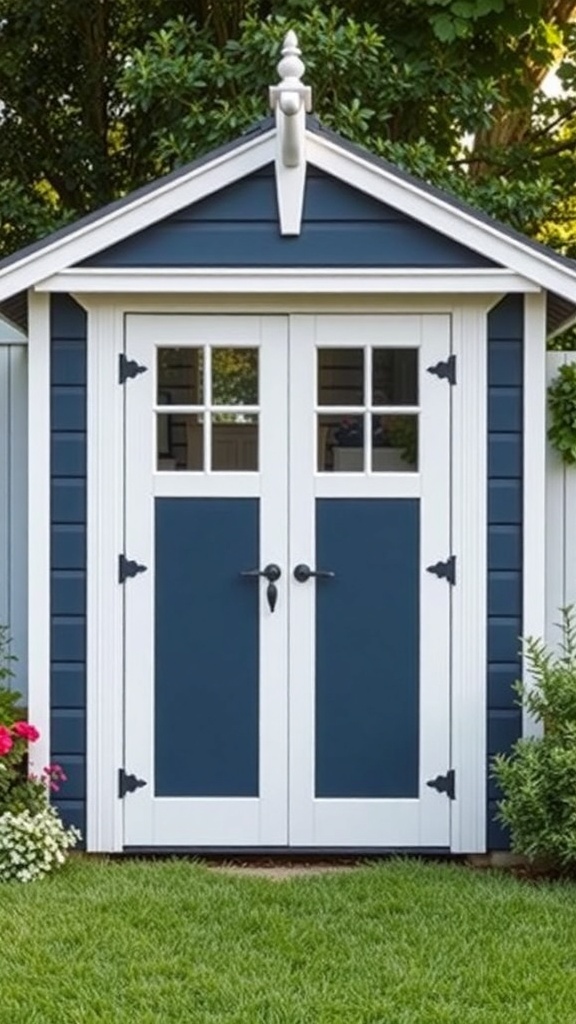 A garden shed painted in classic navy blue with white trim and double doors, surrounded by greenery and flowers.