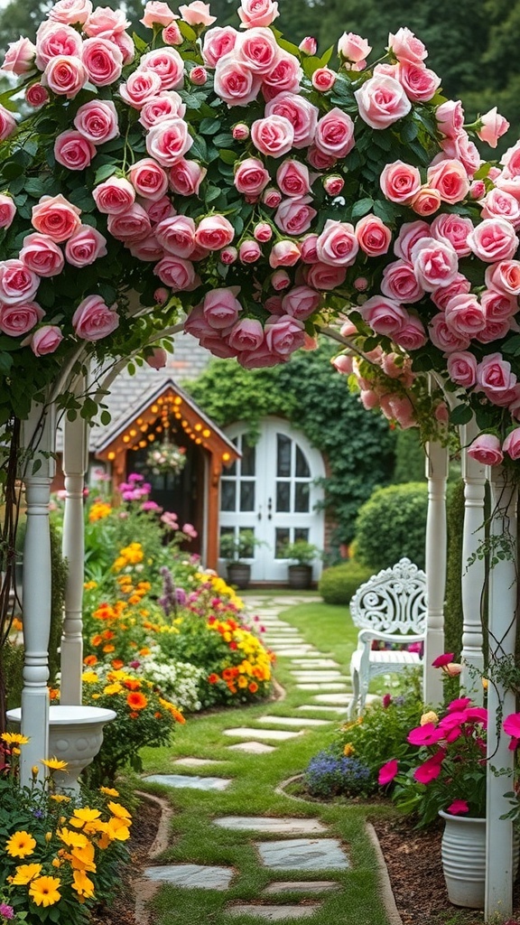 A beautiful garden entrance with a rose arbor, featuring pink roses and a stone pathway lined with colorful flowers.