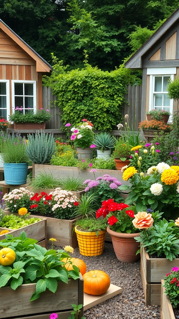 A vibrant cottage garden with raised beds filled with colorful flowers and vegetables, surrounded by cozy cottages.