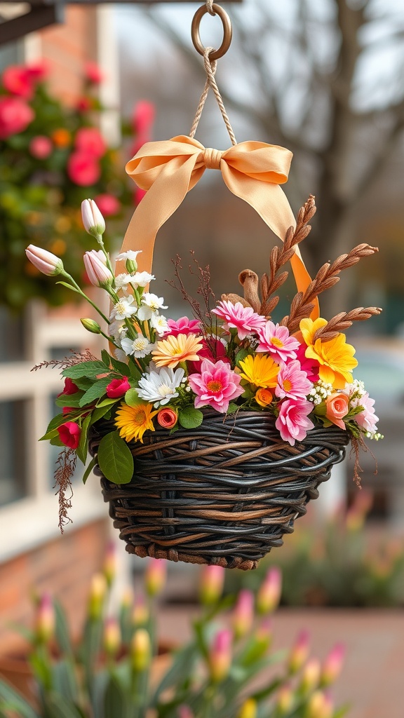 A vibrant hanging basket filled with colorful flowers and a decorative ribbon.