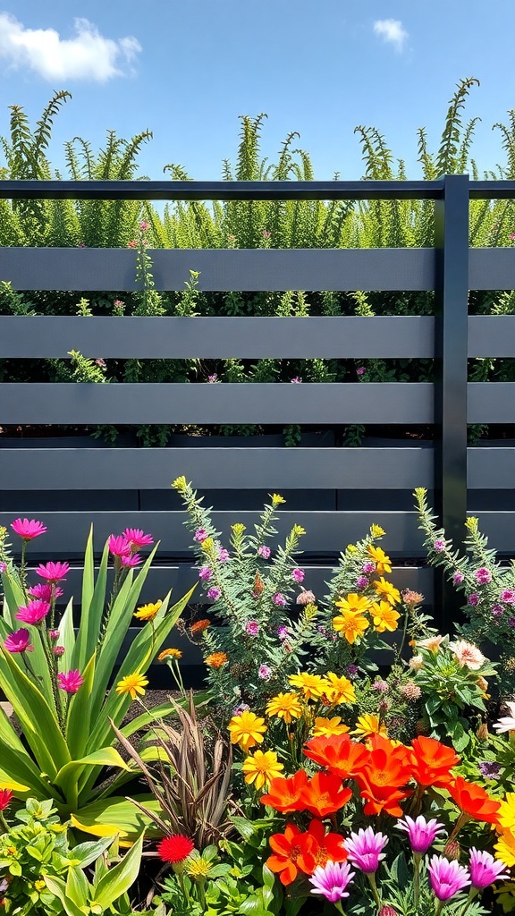 A modern metal panel fence with colorful flowers in front