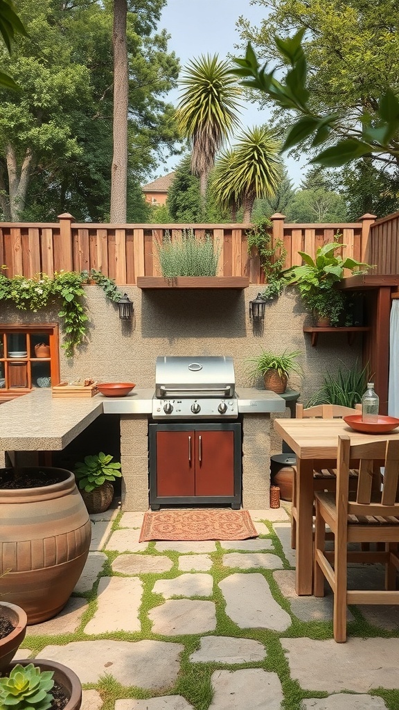 A sustainable BBQ area with a grill, dining table, and plants in a garden setting.