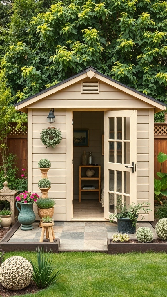A beige garden shed surrounded by greenery, featuring double doors and decorative plants.