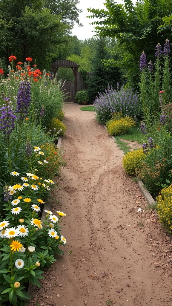 A sandy pathway bordered by colorful wildflowers, leading to a wooden gate in a lush garden.