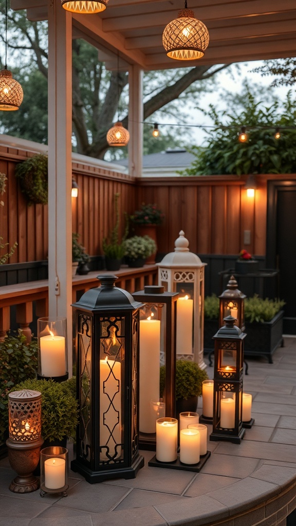 A cozy patio decorated with various lanterns and candles, creating a warm and inviting atmosphere.