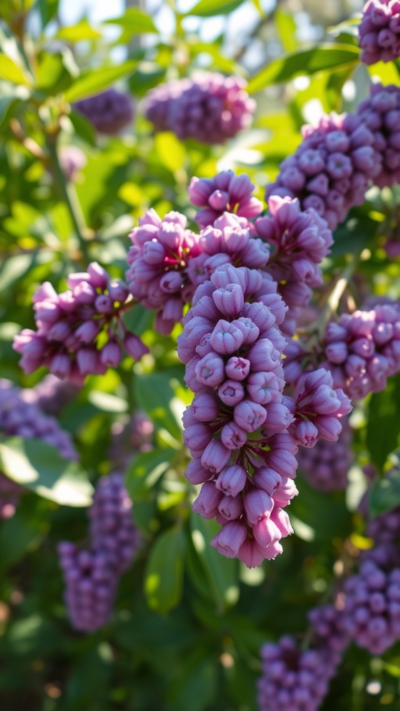 Clusters of purple flowers on a green bush
